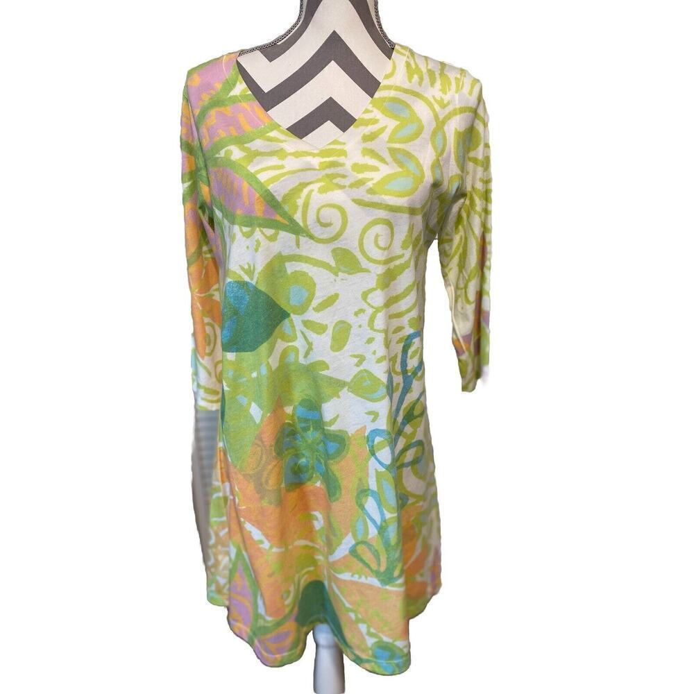 Whimsy Rose Lightweight Lime Green Pink White Tunic Style Top Large 3/4 Sleeve